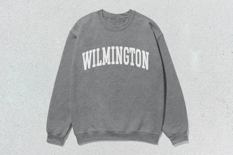 May include: A grey sweatshirt with the word "WILMINGTON" printed in white on the front.