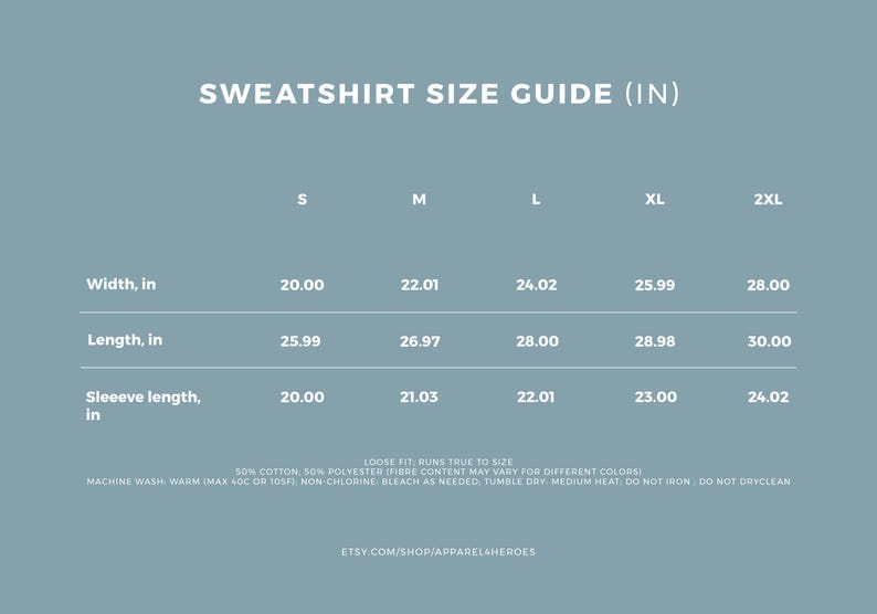 Puede incluir: Una gu&iacute;a de tallas de sudaderas, con medidas en pulgadas. La gu&iacute;a incluye ancho, largo y largo de manga para las tallas S, M, L, XL y 2XL. Tambi&eacute;n incluye instrucciones de lavado y la URL de la tienda Etsy.
