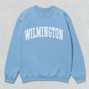 May include: A light blue sweatshirt with the word "WILMINGTON" printed in white on the front.