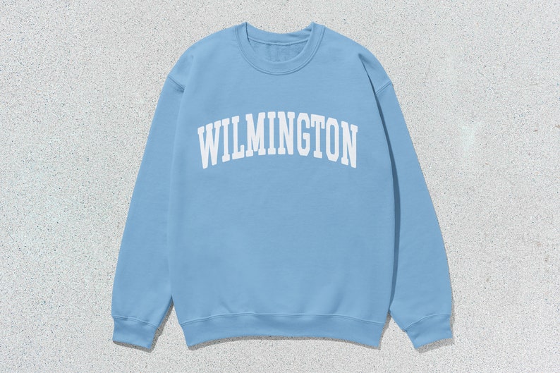 May include: A light blue sweatshirt with the word "WILMINGTON" printed in white on the front.