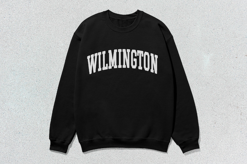 May include: Black sweatshirt with white text that reads "WILMINGTON" in a collegiate font.