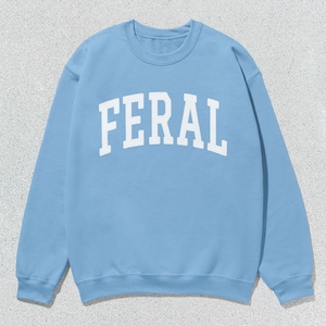 May include: A light blue sweatshirt with the word "FERAL" printed in white on the front.