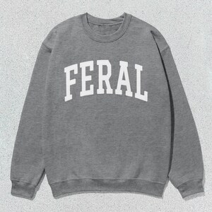 May include: A gray sweatshirt with the word "FERAL" printed in white on the front.