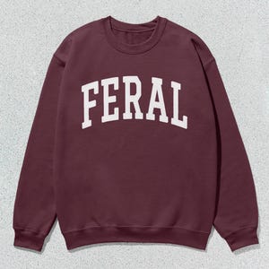 May include: A maroon sweatshirt with the word "FERAL" printed in white on the front.