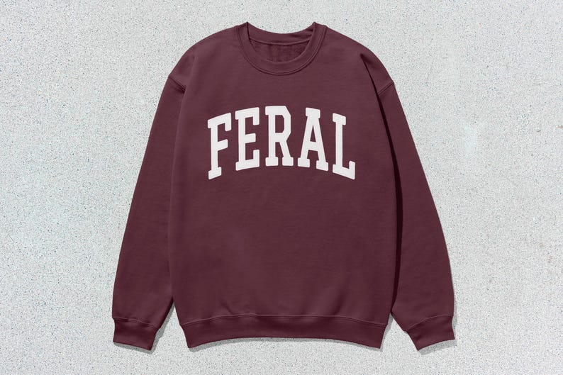 May include: A maroon sweatshirt with the word "FERAL" printed in white on the front.