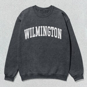 May include: A dark grey sweatshirt with the word "WILMINGTON" printed in white on the front.