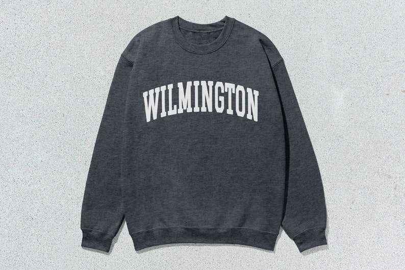 May include: A dark grey sweatshirt with the word "WILMINGTON" printed in white on the front.
