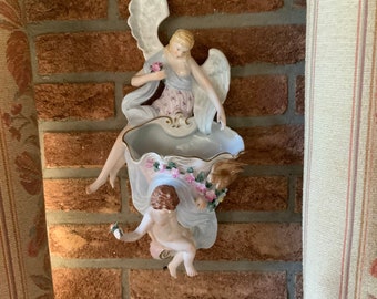 Unique and rare, this wall angel East Germany Meissen Dresden porcelain 40 high 23 width signed N with the crown