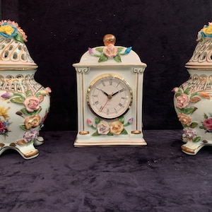 Dresden Meissen two vases and a clock mint porcelain signed VEB Sitzendorfer 1972 to 1989