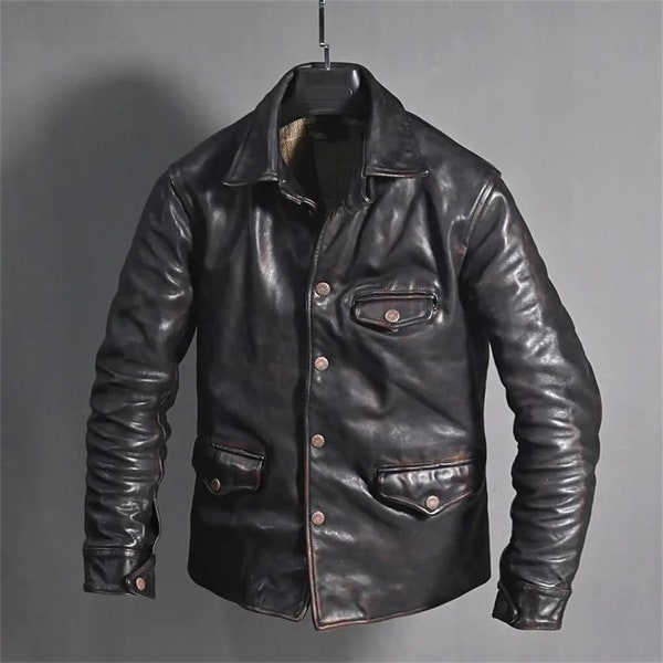 Herren schwarze Lederjacke, klassischer, lässiger Vintage-Stil Mantel Distressed schwarze Lederjacke, Cafe Racer Retro Echtlederjacken Mann