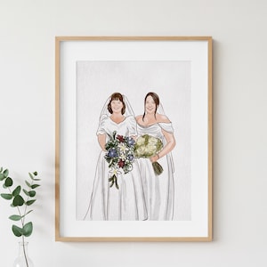 May include: A framed watercolour print depicting two brides in white wedding dresses, each holding a bouquet of flowers. The bride on the left has a bouquet of blue, white, and red flowers. The bride on the right has a bouquet of yellow and green flowers.