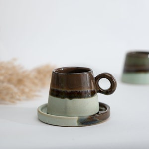 Ceramic Espresso Cup Set With Saucers, Handmade 2.5oz Coffee Cup, Coffee Enthusiast Gift, Stoneware Espresso Cup, Birthday Gift For Him