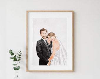 May include: Watercolor portrait of a couple in a wooden frame. The man wears a black suit and tie, while the woman is in a white wedding dress and veil. The artwork is a portrait of a bride and groom.