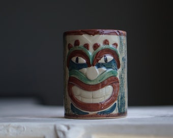 Set 2 Hand-Painted Tiki Mug Drinkware, Vintage Tiki Mug, Ceramic Tiki Mug, Stoneware Tiki Mug, Set Of 2 Mug, Gift for Christmas