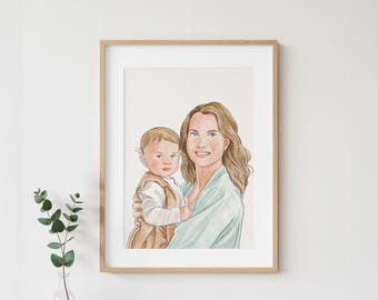 Custom Hand-Painted Watercolor Portrait: Personalized Family Painting from Photo, Mothers Day Gift