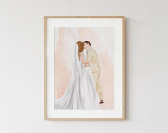 May include: A framed watercolor illustration of a couple kissing. The bride wears a white wedding dress and veil, while the groom is in a tan suit. The background has soft peach and white watercolor washes. The frame is light brown.