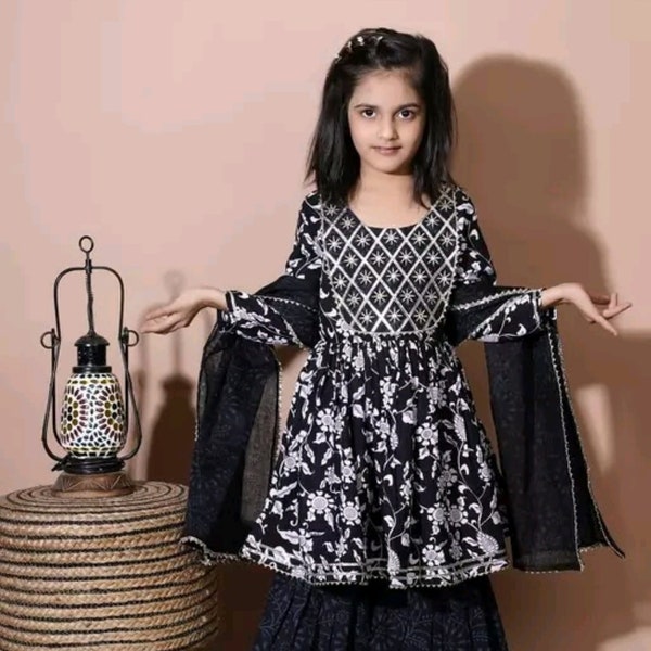 Exclusive Multicolored MIX Cotton Naira Cut Kurta set for Girls, 3 pc Kurta Sharara set / Daughter Dresses for Kids Readymade.