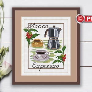 Mocca Espresso Cross Stitch Pattern, Kitchen Cross Stitch Pattern, Food Cross Stitch, Coffee Cross Stitch Pattern, Kitchen Decor #kt.003