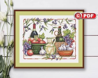 My Kitchen Cross Stitch Pattern, Vegetables Cross Stitch Pattern, Still Life of Fruits Cross Stitch, Wine Cross Stitch #kt.030