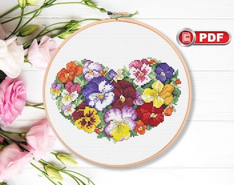 Motif point de croix pensées violettes, broderie botanique florale