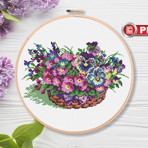 Viooltjes in een mand Kruissteekpatroon, bloemen kruissteekpatroon, wilde kruissteek, zomer kruissteekpatroon, zomerdecor #fl.111