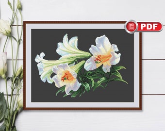 白いユリの花のクロスステッチパターン、花柄のクロスステッチウォール