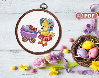 Little Chick With Pram Cross Stitch Pattern, Easter Chick Cross Stitch, Easter Gift, Easter Decoration, Easter Cross Stitch #eas.008