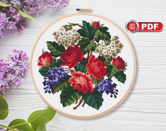 Flowers Cross Stitch Patterns, Bouquet Cross Stitch Patterns, Roses Cross Stitch Pattern, Lilac Cross Stitch Pattern #fl.028