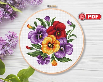Vintage Pansy Cross Stitch Pattern, Flowers Cross Stitch Pattern, Wild Cross Stitch, Summer Cross Stitch Pattern, Summer Decor #fl.083