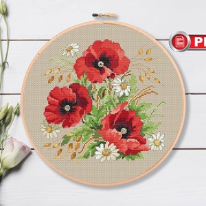 Klaprozen en madeliefjes kruissteekpatronen, boeket kruissteekpatronen, bloemen kruissteekpatroon, klaprozen kruissteekpatroon #fl.048