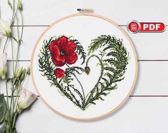 Poppy Heart Cross Stitch Pattern, Summer Cross Stitch Patterns, Nature Cross Stitch Patterns, Valentines Day, Love Patterns #lov.040