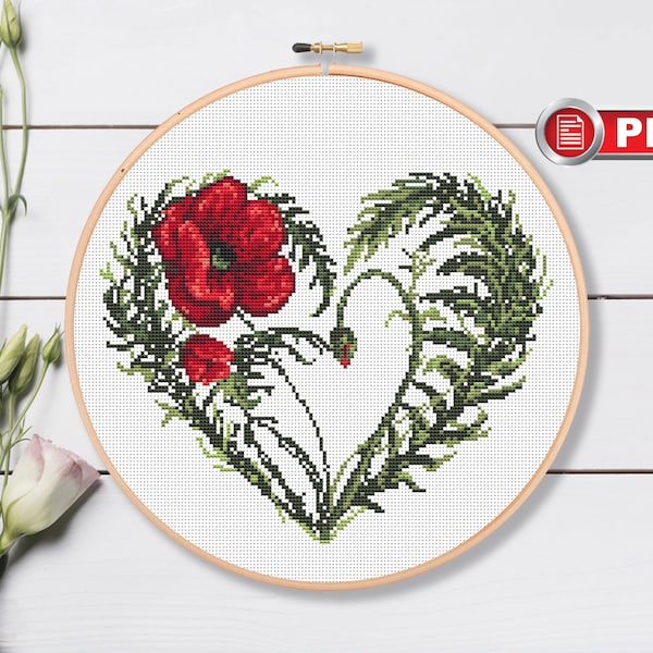 Poppy Heart Cross Stitch Pattern, Summer Cross Stitch Patterns, Nature Cross Stitch Patterns, Valentines Day, Love Patterns #lov.040