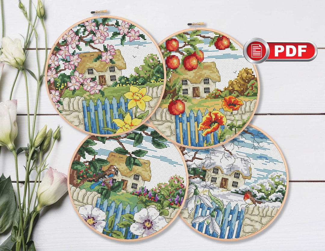 Set of 4 Seasons Cross Stitch Patterns Landscape Cross Stitch Patterns