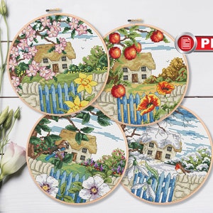 Set of 4 Seasons Cross Stitch Patterns, Landscape Cross Stitch Patterns, Seasons Cross Stitch Patterns, Landscape Patterns #nat.012