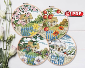 Set of 4 Seasons Cross Stitch Patterns, Landscape Cross Stitch Patterns, Seasons Cross Stitch Patterns, Landscape Patterns #nat.012