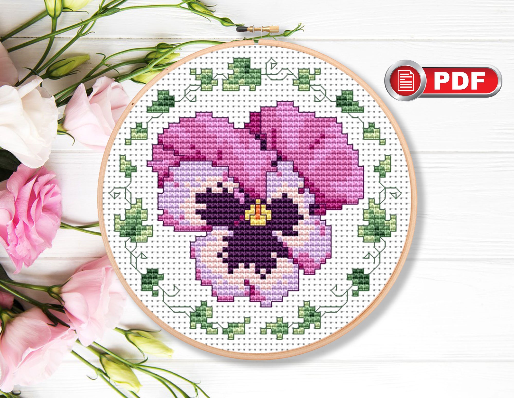 Ensemble de motifs de point de croix pensées vintage, fleurs au