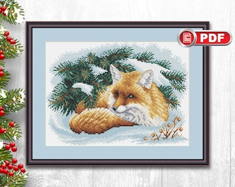 The Fox In Winter Cross Stitch Patterns, Animals Cross Stitch, Fox Cross Stitch, Fox xStitch, Winter Cross Stitch, Winter xStitch #anm.001
