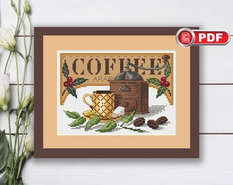 Koffie kruissteekpatroon, keuken kruissteekpatroon, voedsel kruissteek, koffiemolen kruissteekpatroon, keukendecor #kt.001