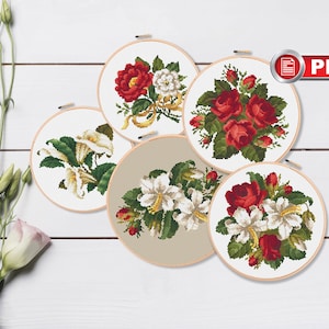 Set van 5 vintage bloemen kruissteekpatroon, boeket kruissteekpatroon, bloemen kruissteekpatroon, moderne kruissteek #fl.106