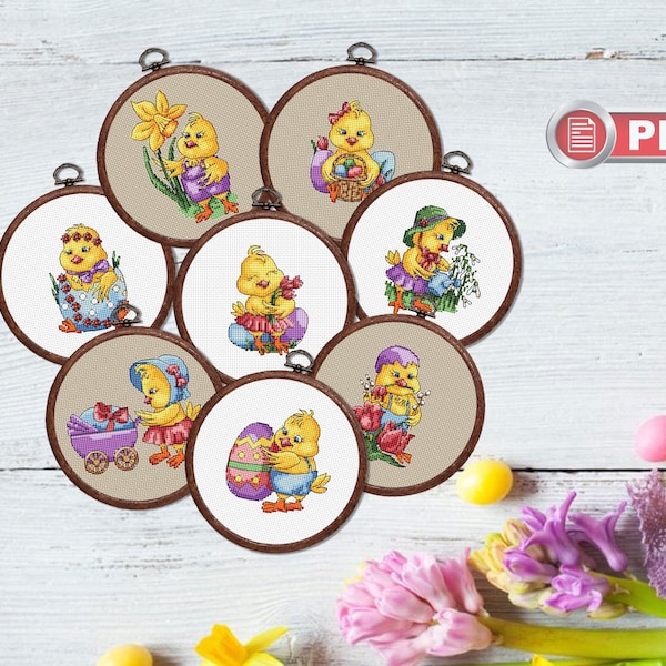 Set of 8 Easter Little Chicks Cross Stitch Patterns, Easter Chick Cross Stitch, Easter Gift, Easter Decoration, Easter Cross Stitch #eas.009