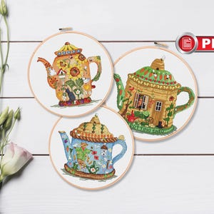 Set of 3 Painted Teapots Cross Stitch Pattern, Kitchen Cross Stitch Pattern, Tea Time Cross Stitch, Tea Cross Stitch Pattern #kt.038