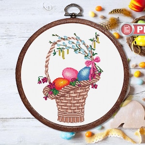 Schema punto croce di Pasqua felice, punto croce di uova di Pasqua, cestino con uova di Pasqua, decorazione di Pasqua, schema punto croce di Pasqua #eas.017