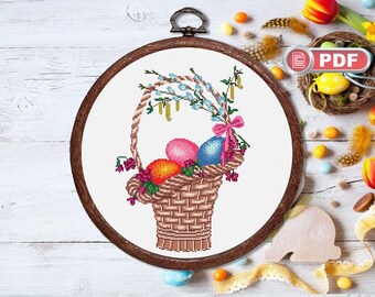 Happy Easter Cross Stitch Pattern, Easter Egg Cross Stitch, Basket With Easter Eggs, Easter Decoration, Easter Cross Stitch Pattern #eas.017