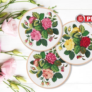 Set of 3 Bouquet of Roses Cross Stitch Patterns, Bouquet Cross Stitch Patterns, Flowers Cross Stitch Pattern, Rose Cross Stitch #fl.062