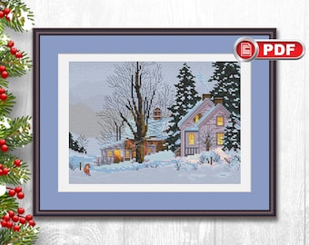 Winter Night Cross Stitch Patterns, Landscape Cross Stitch Patterns, Nature Cross Stitch Patterns, Winter xStitch, Winter Fox #nat.002