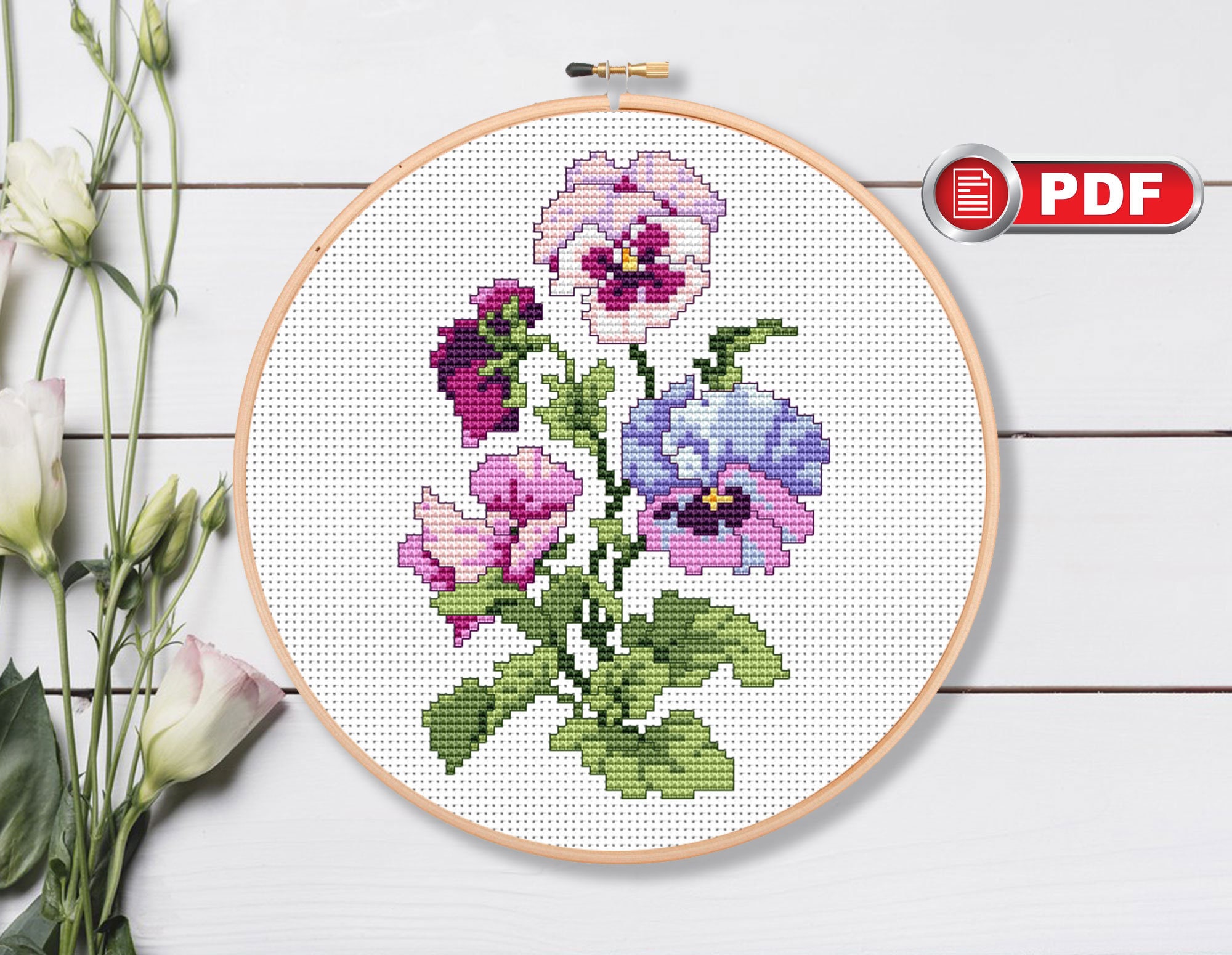 Ensemble de motifs de point de croix pensées vintage, fleurs au