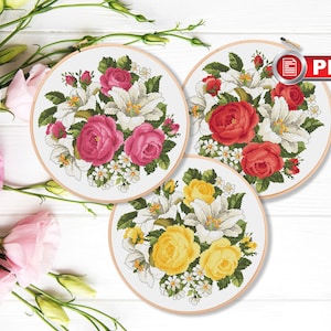 Set of 3 Flowers Cross Stitch Pattern, Bouquet Cross Stitch Patterns, Rose Cross Stitch Pattern, Lily Cross Stitch Pattern #fl.056