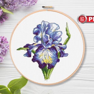 May include: A cross-stitch pattern featuring a purple and blue iris flower with green leaves. The pattern is displayed on a white background within a wooden embroidery hoop.