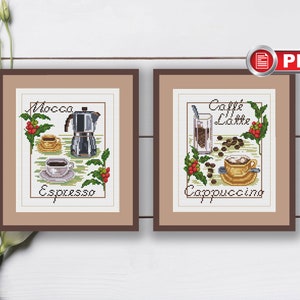 Set of 2 Coffee Cross Stitch Pattern, Kitchen Cross Stitch Pattern, Food Cross Stitch, Coffee Cross Stitch Pattern, Kitchen Decor #kt.005