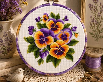 Pansy Cross Stitch Pattern PDF, Purple Yellow Viola Flowers Embroidery Chart, Botanical Floral Design, Summer Decor #fl.203